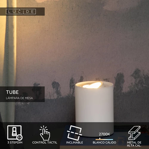 Lucide TUBE - Lámpara de mesa - Ø 9,6 cm - LED 3 StepDim - GU10 - 1x5W 2700K - Blanco - USP
